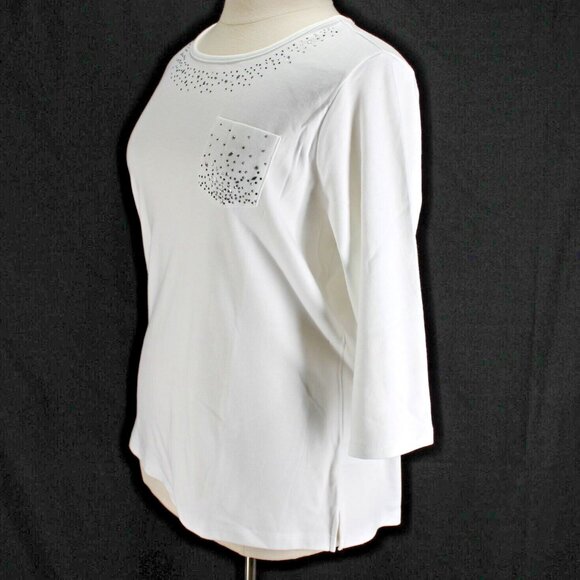 Quacker Factory Knit Top Womens Sz XL White Jewel Embellished 3/4 Sleeve Cotton - Picture 3 of 7